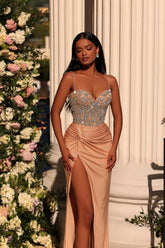 Exquisite Long Champagne Column Spaghetti Straps Lace Rhinestones Prom Evening Dresses with Slit